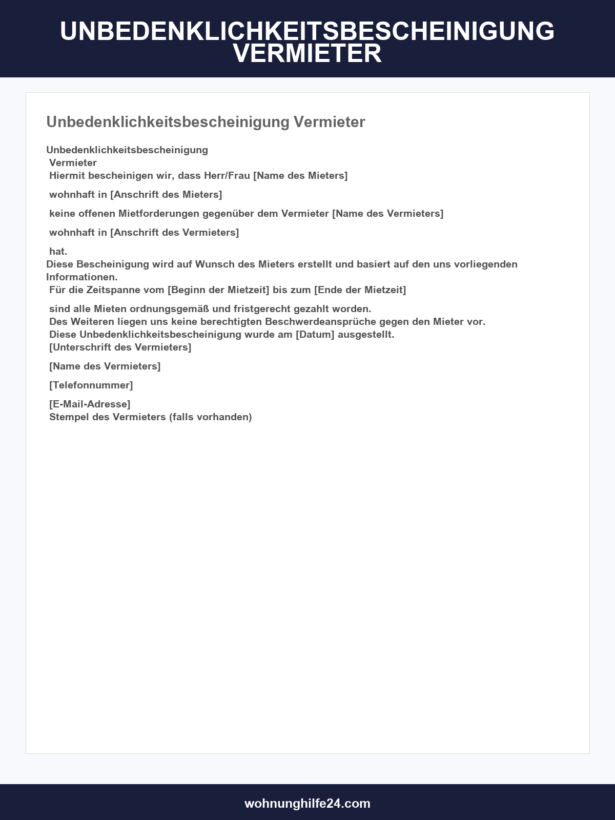 Unbedenklichkeitsbescheinigung Vermieter Vorlage